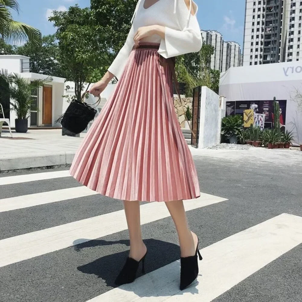 Sincethen Plum Pink Velvet Pleated Midi Skirt with elastic waistband Size S